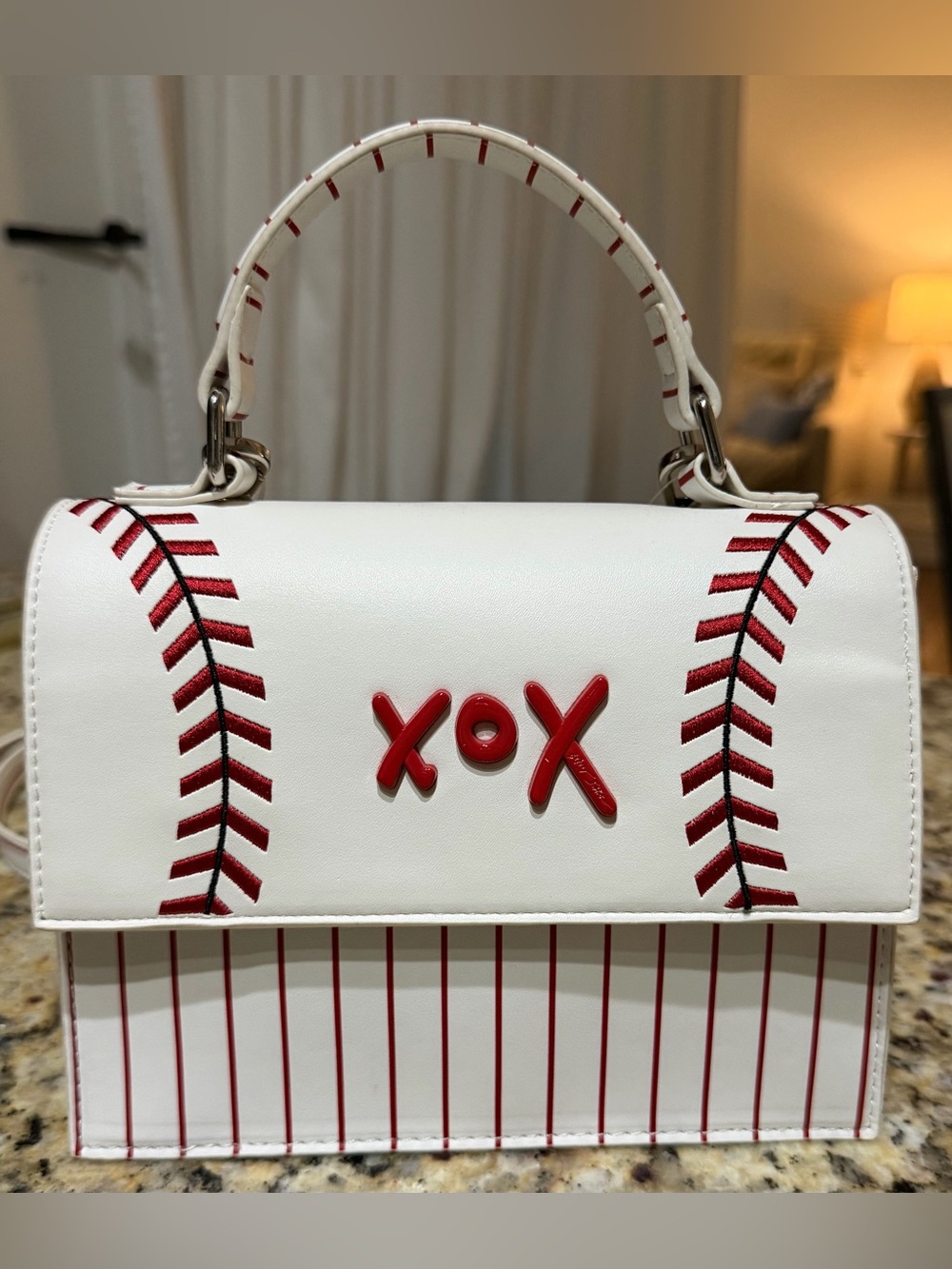 NWT Betsey Johnson Viral Home Run Pinstripe Baseball Top Handle Crossbody Bag